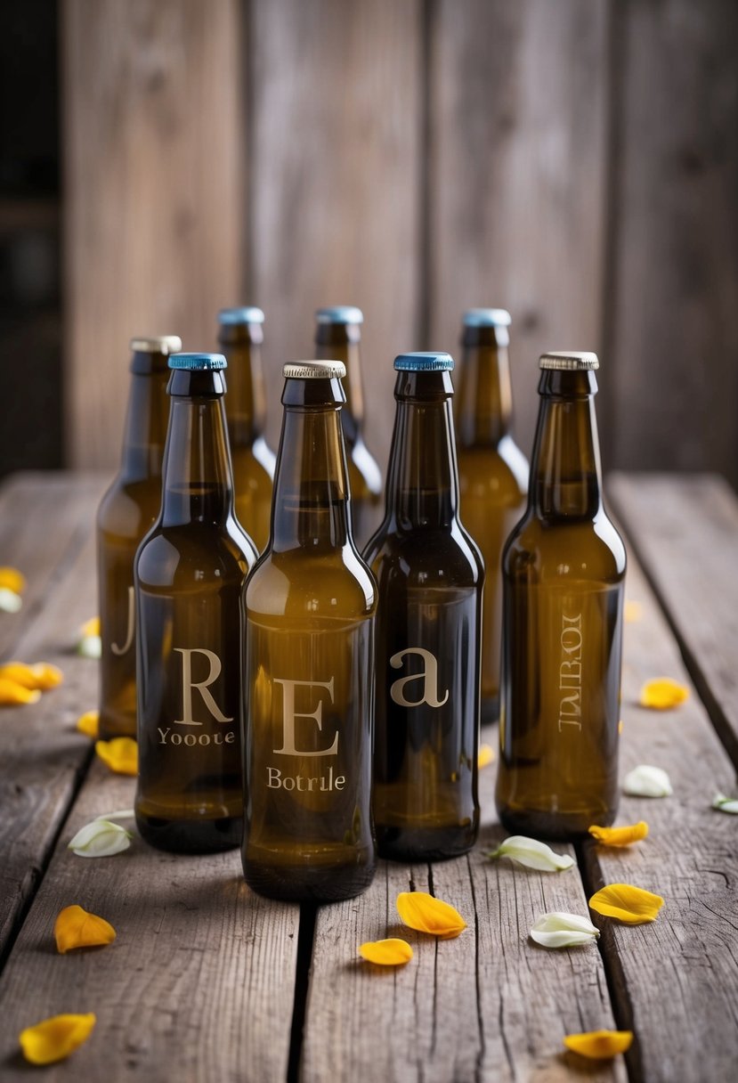 Several personalized bottle openers arranged on a rustic wooden table, each engraved with different initials, surrounded by scattered flower petals