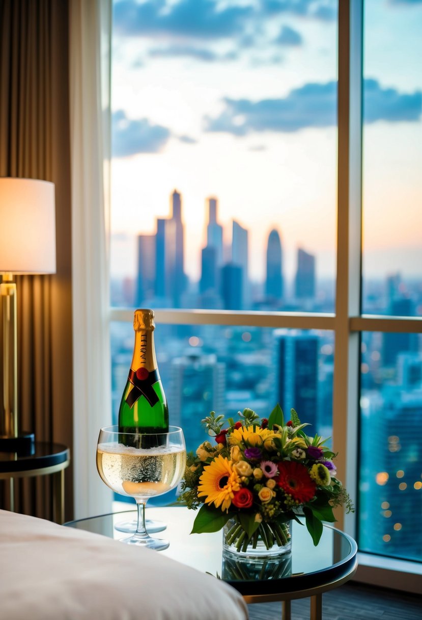 A cozy hotel room with a view of the city skyline, a bottle of champagne on ice, and a bouquet of fresh flowers on the bedside table