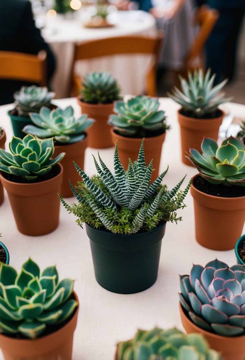 A table filled with various succulent planters, arranged as wedding favors