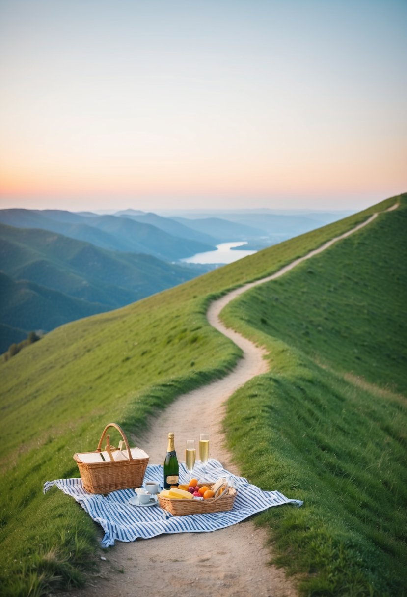 A winding trail leads to a grassy knoll overlooking a serene valley. A picnic blanket is spread out with a basket of food and a bottle of champagne