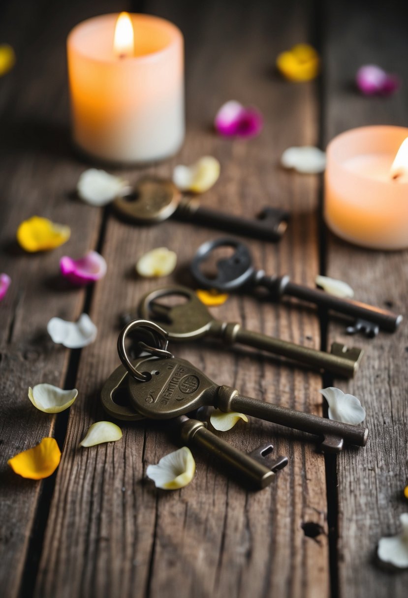 A collection of vintage key bottle openers scattered on a rustic wooden table, surrounded by scattered flower petals and flickering candlelight