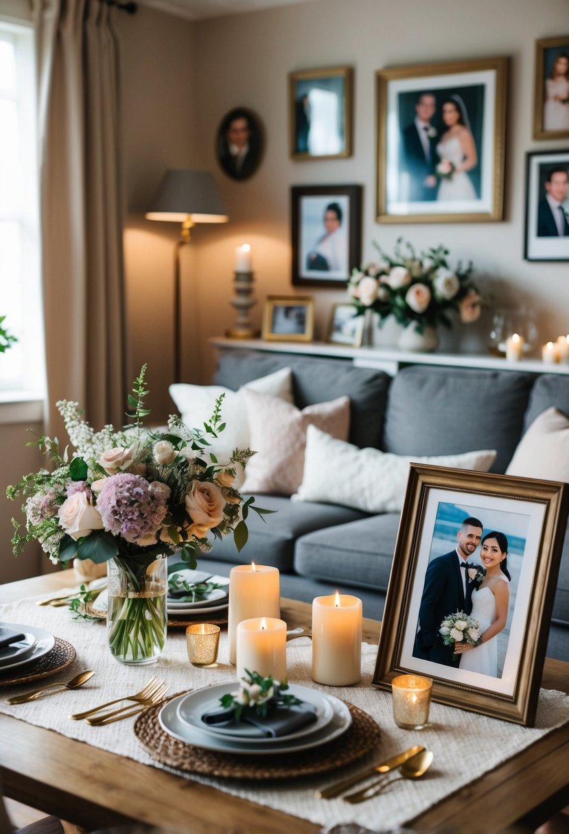 A cozy living room with a table set for two, adorned with flowers and candles. A framed wedding photo sits nearby, surrounded by family portraits