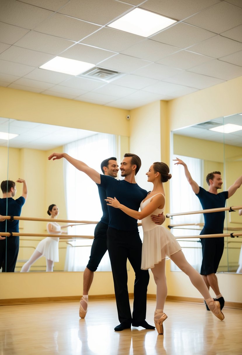 A couple gracefully dances in a brightly lit studio, surrounded by mirrors and ballet barres. An instructor demonstrates a new move as they eagerly follow along