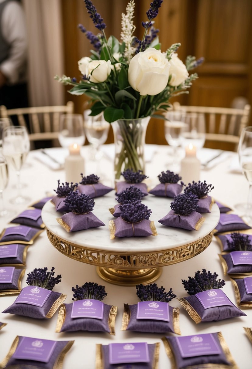 A table with lavender sachets arranged in a decorative display, surrounded by elegant wedding decor