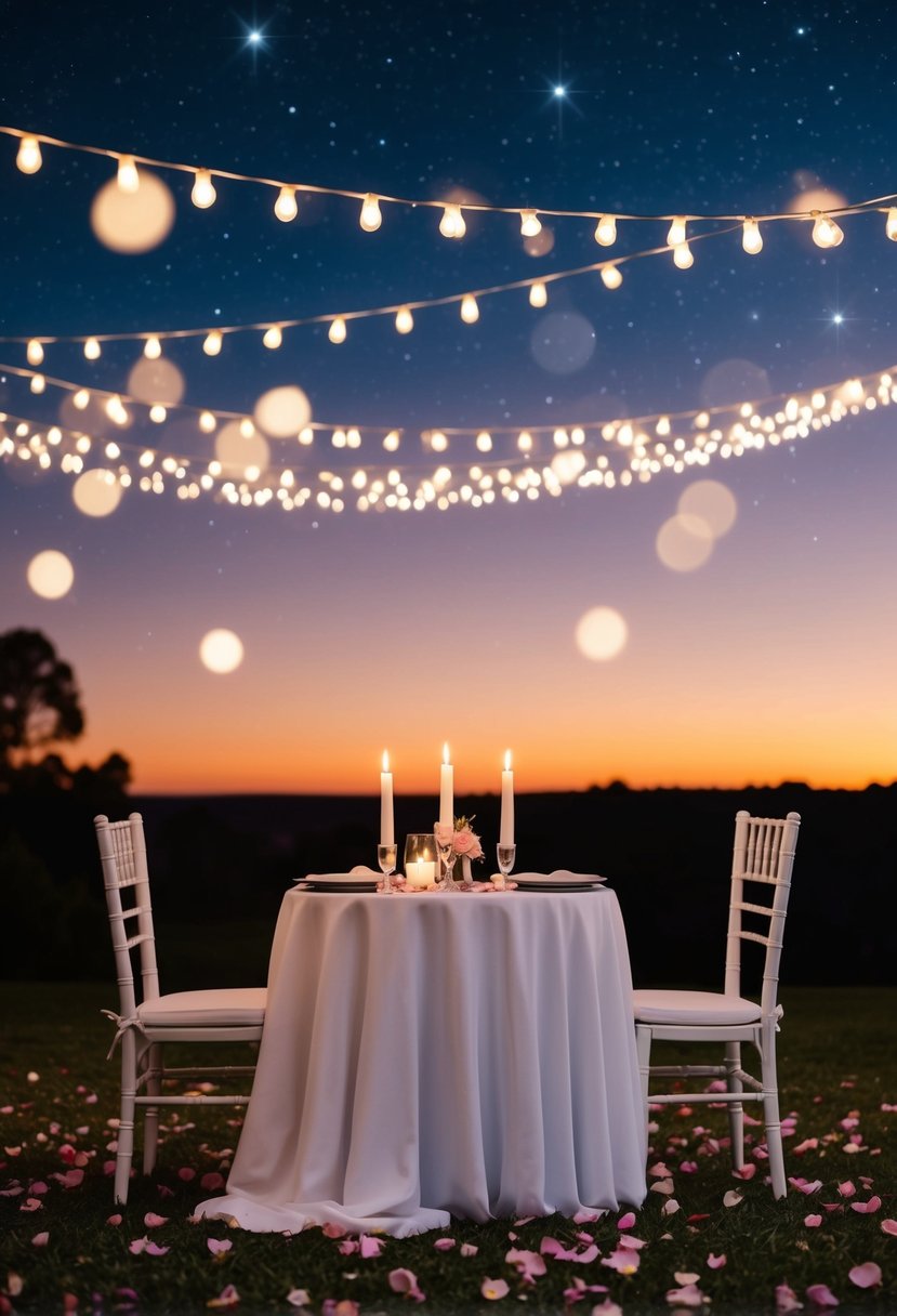 A candlelit table for two sits under a starry sky, surrounded by twinkling lights and a scattering of rose petals on the ground