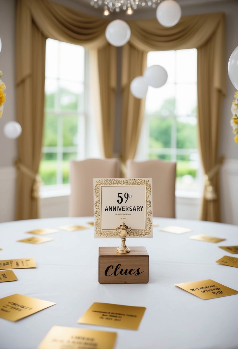 A table with personalized clues, scattered around a room decorated for a 59th wedding anniversary