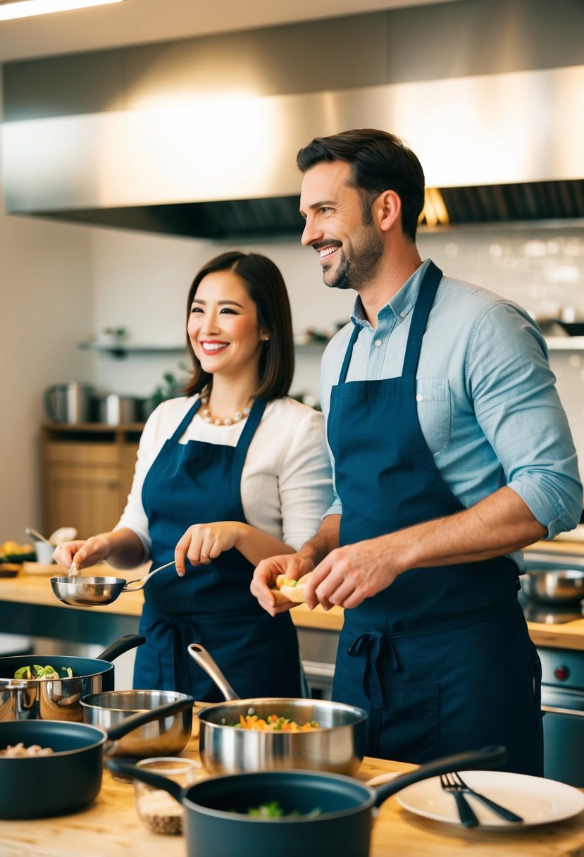 A couple stands side by side at a cooking class, surrounded by pots, pans, and ingredients. The instructor demonstrates a recipe as the couple follows along, smiling and enjoying each other's company