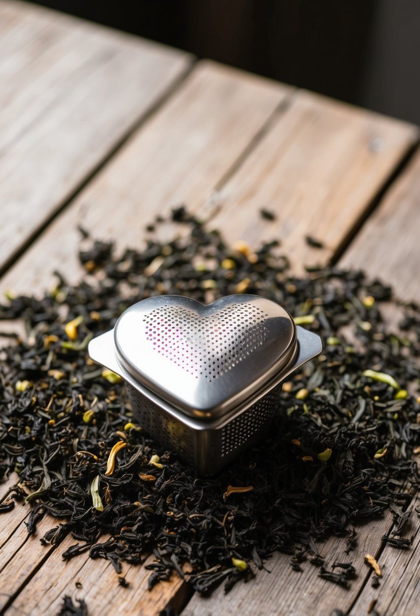 A heart-shaped tea infuser surrounded by loose tea leaves, placed on a rustic wooden table with soft natural lighting