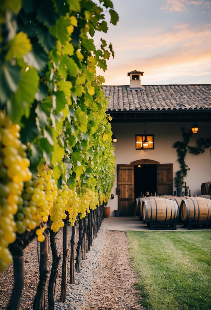 A serene winery with rows of grapevines, a rustic tasting room, and barrels of aging wine