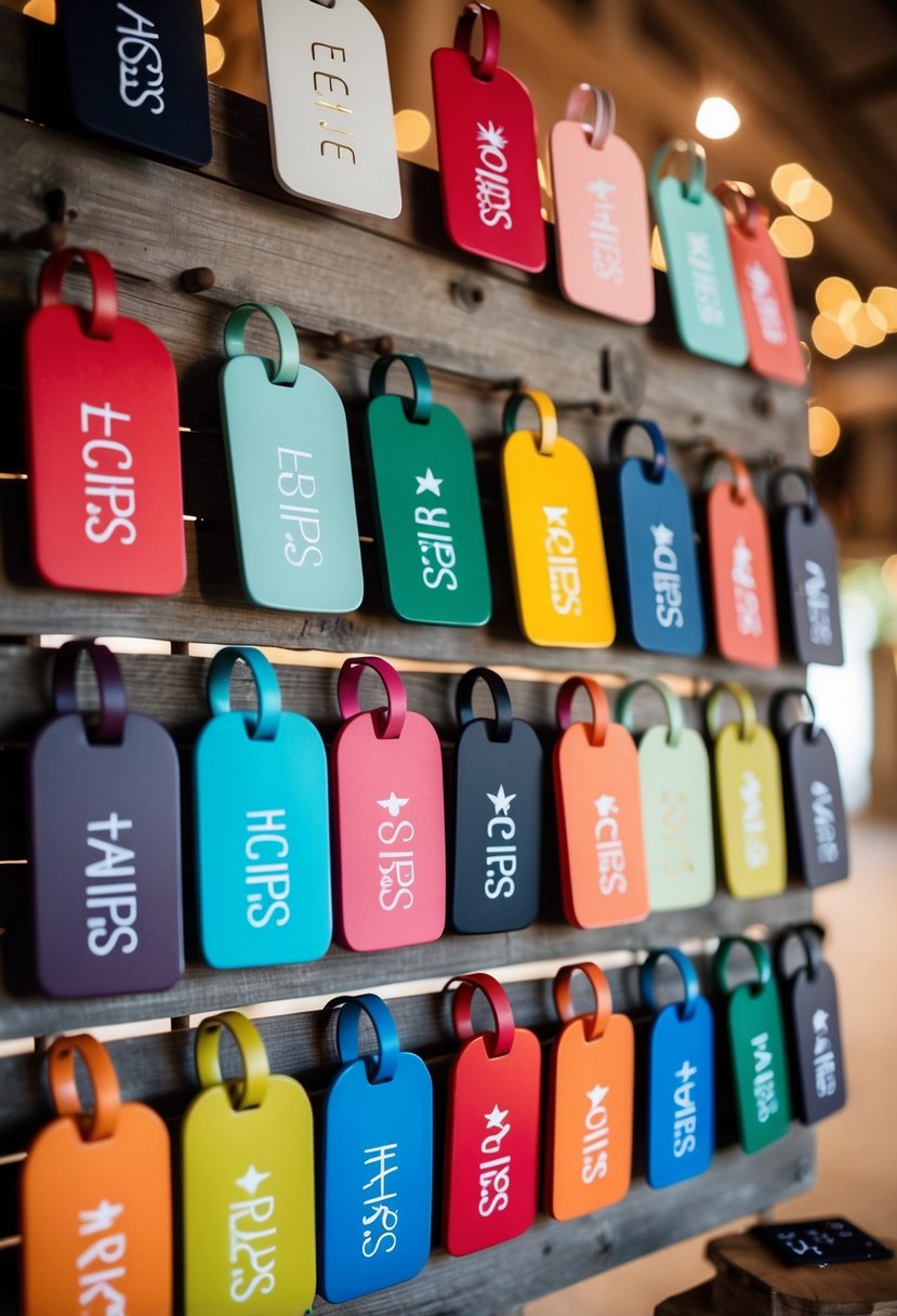 Colorful luggage tags arranged in a neat row, each with a unique design and personalized with the couple's initials, hanging from a rustic wooden display