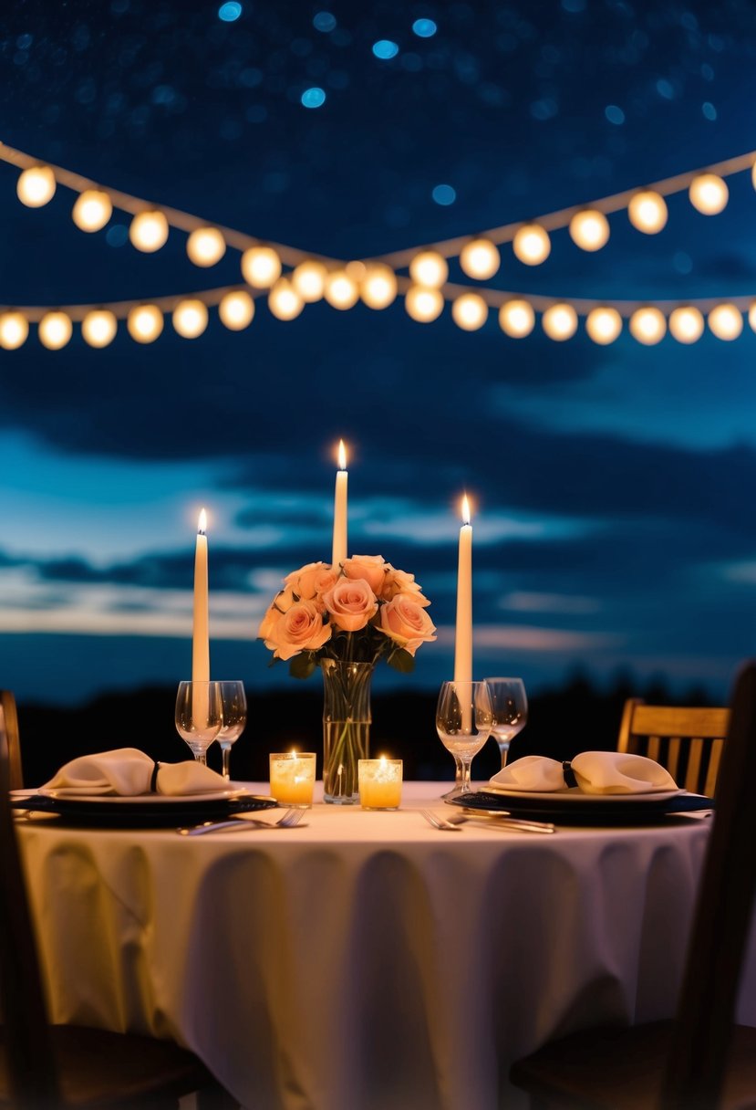 A candlelit dinner under a starry sky, with a table set for two and a bouquet of roses as the centerpiece