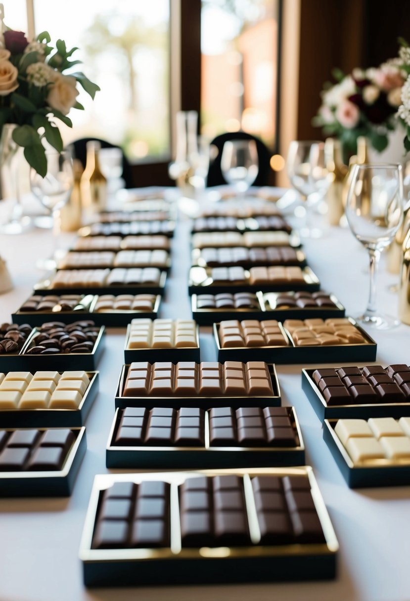 A table adorned with assorted artisan chocolate bars, arranged in elegant packaging, displayed as wedding favor ideas on Pinterest