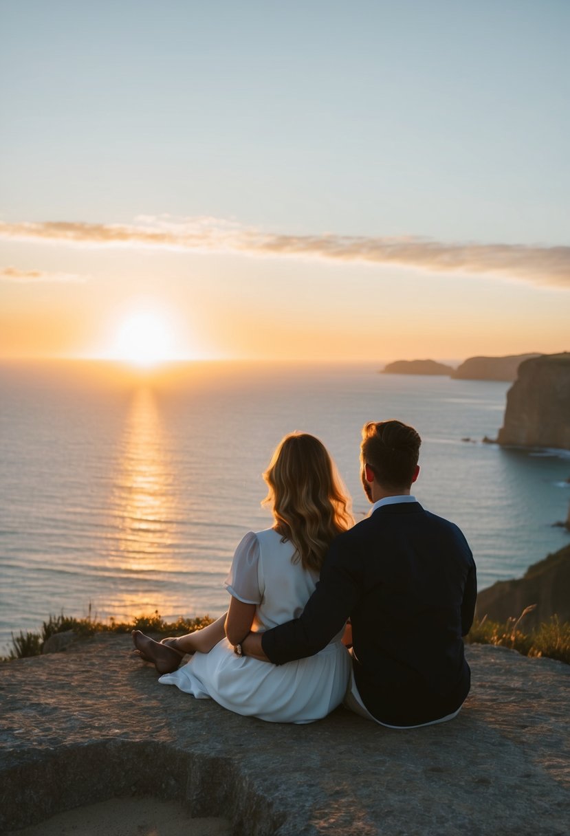 A couple sits on a cliff overlooking the ocean as the sun rises, casting a warm glow over the water and surrounding landscape