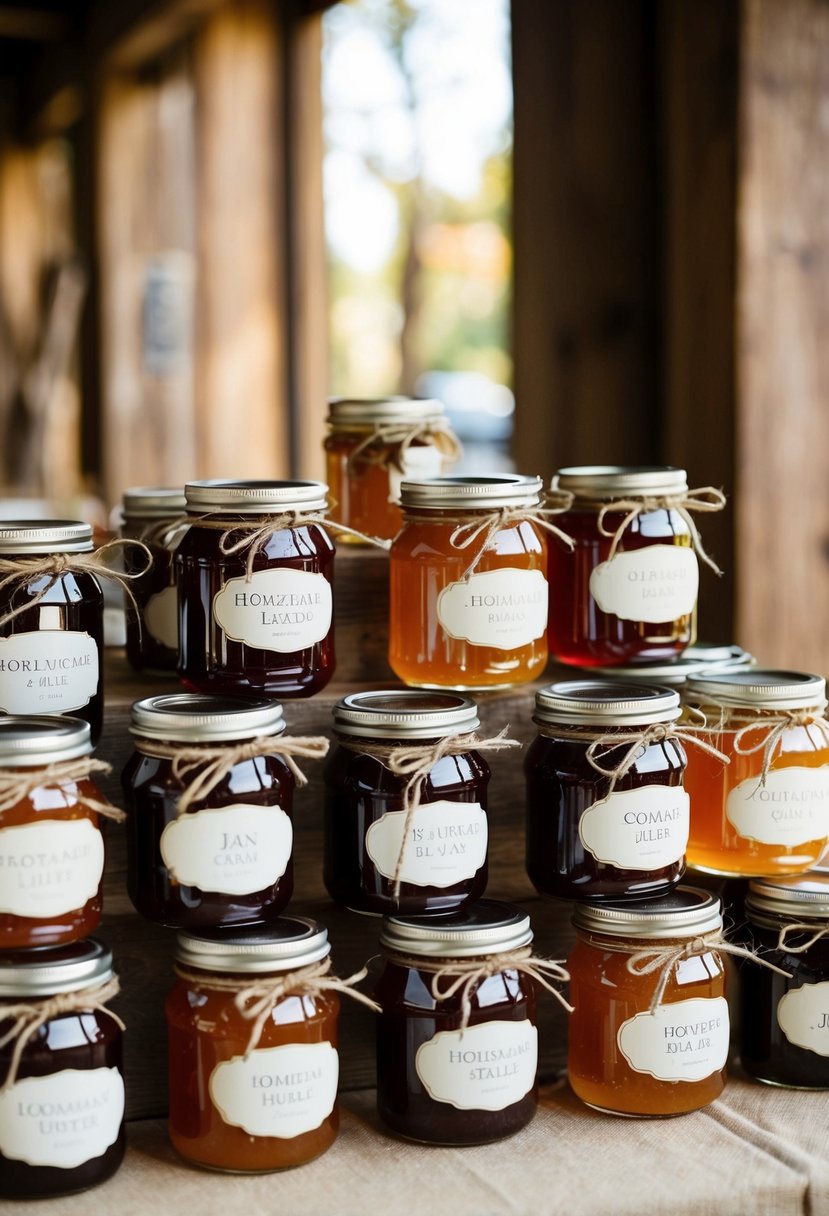 A rustic table with assorted homemade jam jars, tied with twine and labeled, arranged for a wedding favor display