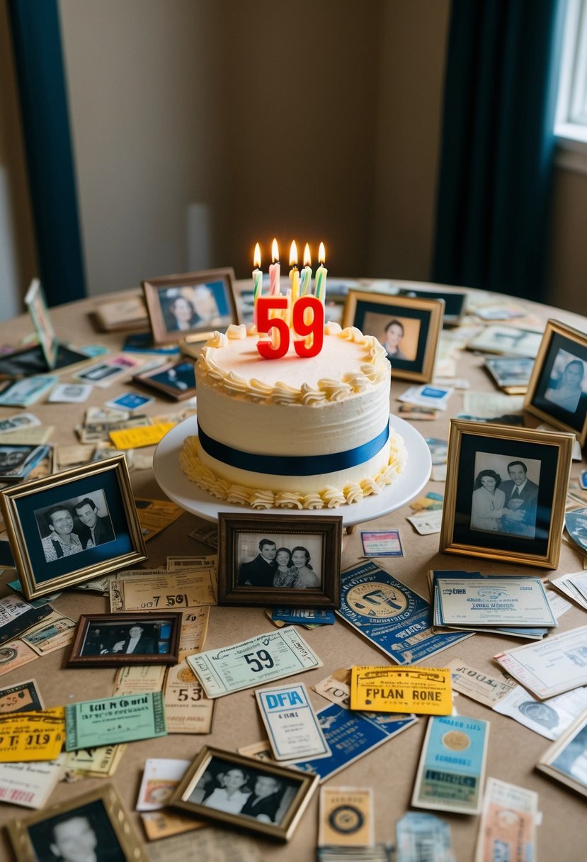 A table scattered with old photos, tickets, and memorabilia. A cake with "59" candles, surrounded by smiling faces in framed pictures