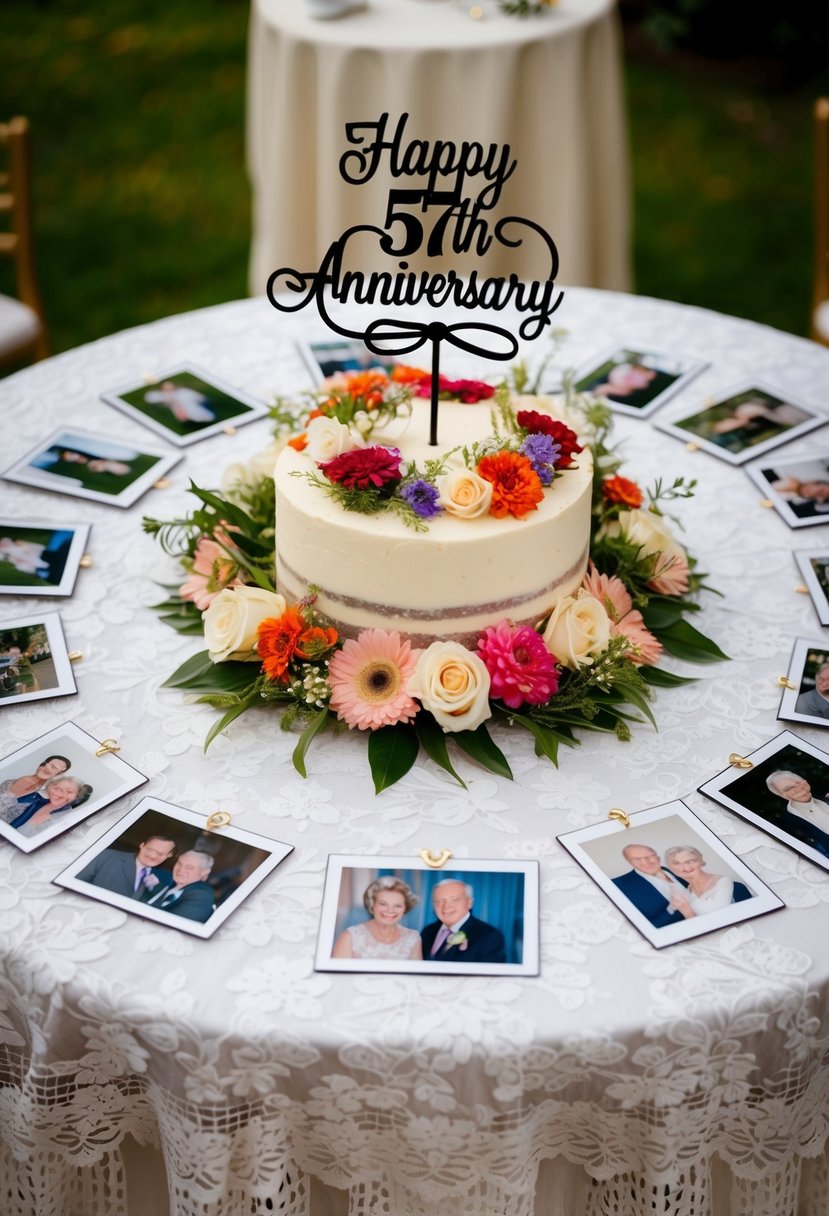 A table set with a lace tablecloth, adorned with photos, flowers, and mementos from 57 years of marriage. A cake with "Happy 57th Anniversary" topper sits in the center