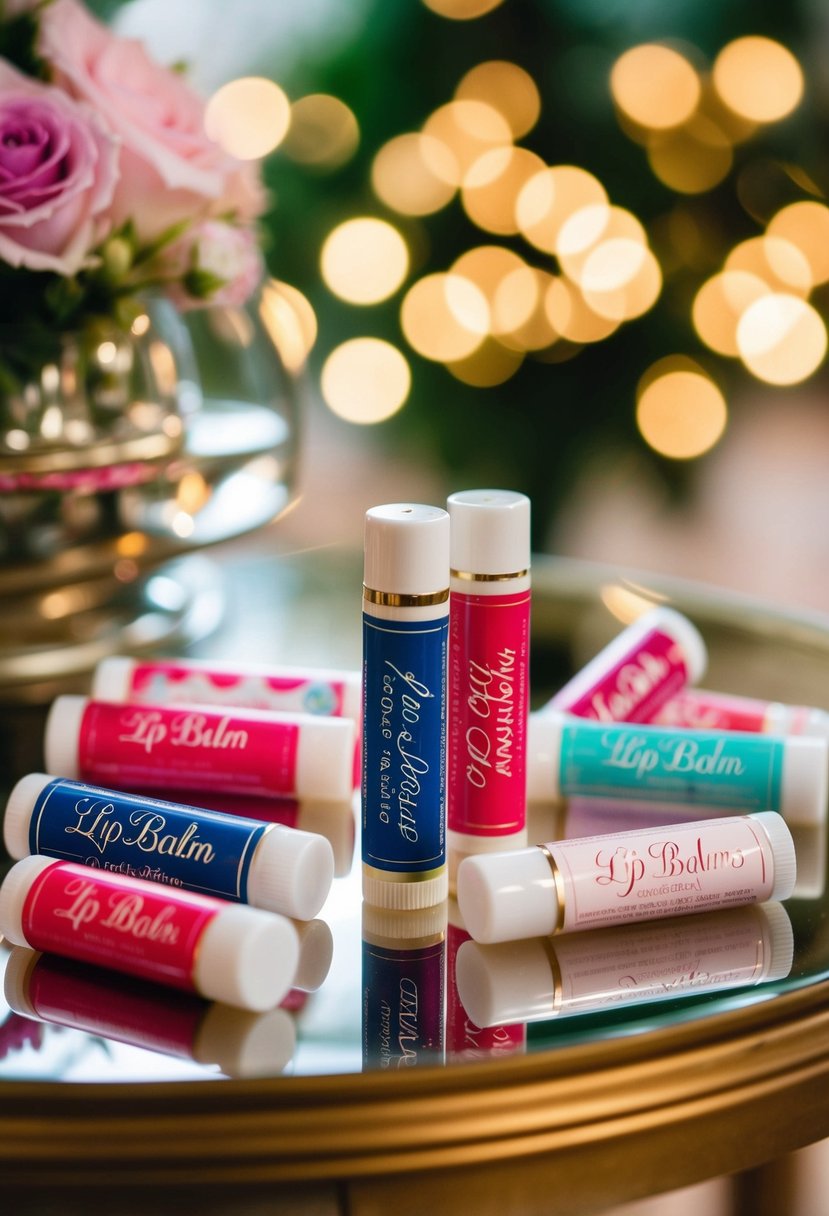 A table with various customized lip balms in wedding-themed packaging