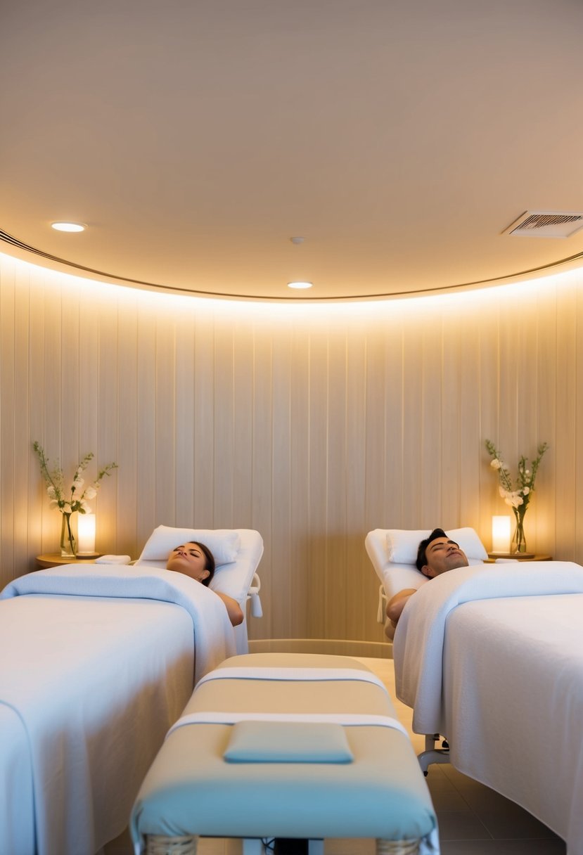 A serene spa room with two massage tables, soft lighting, and soothing music. A couple relaxes side by side, enjoying a peaceful and rejuvenating experience