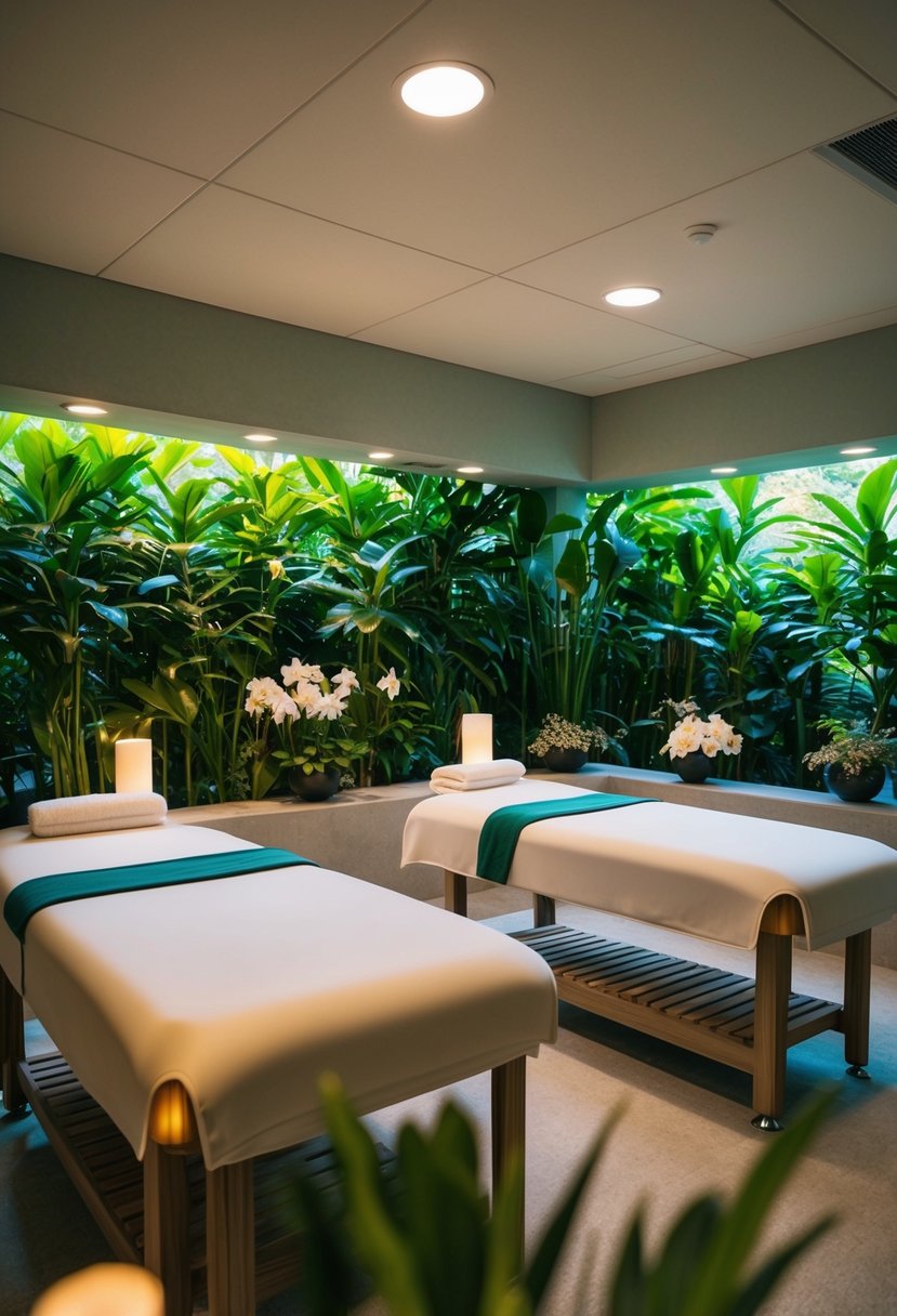 A serene spa room with two massage tables, soft lighting, and a bubbling hot tub surrounded by lush greenery