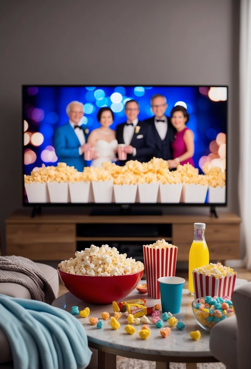 A cozy living room with a big screen TV, soft blankets, and a table filled with popcorn, candy, and drinks for a 57th wedding anniversary movie night