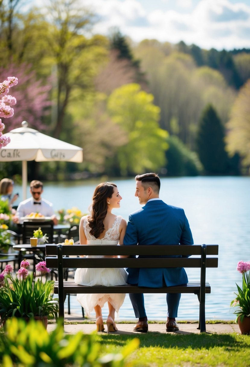 A couple sitting on a bench by a serene lake, surrounded by blooming flowers and lush greenery. A quaint cafe in the background serves them their favorite dishes