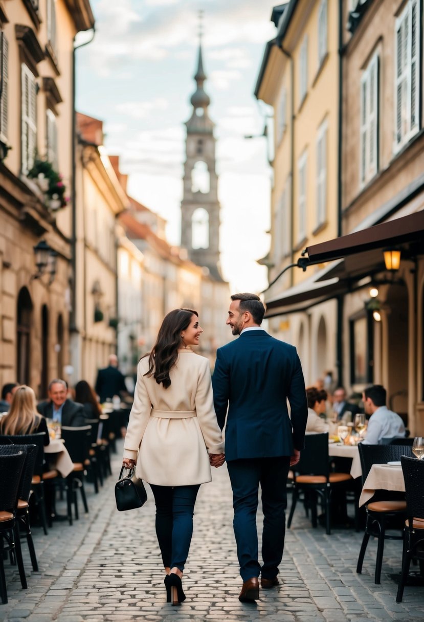 A couple strolling through a charming city, admiring historic buildings and enjoying a romantic dinner at a cozy restaurant