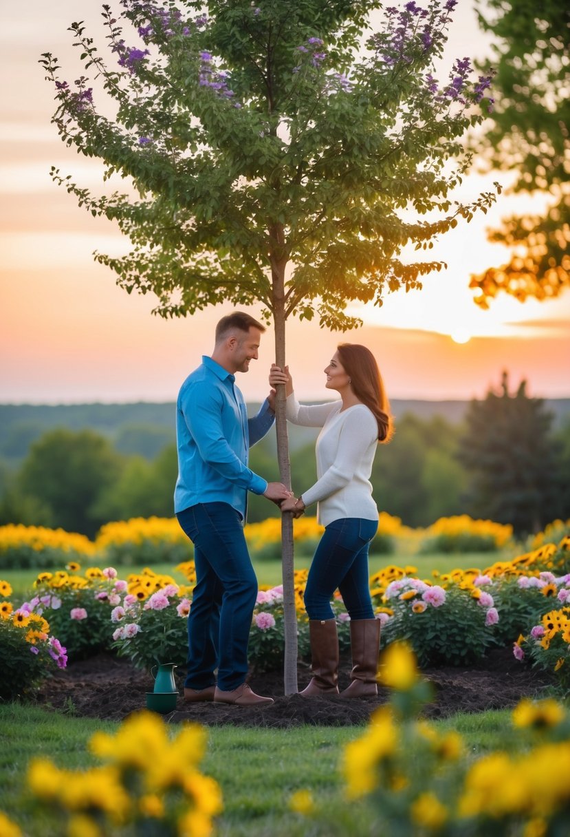 A couple planting a tree together, surrounded by blooming flowers and a beautiful sunset in the background