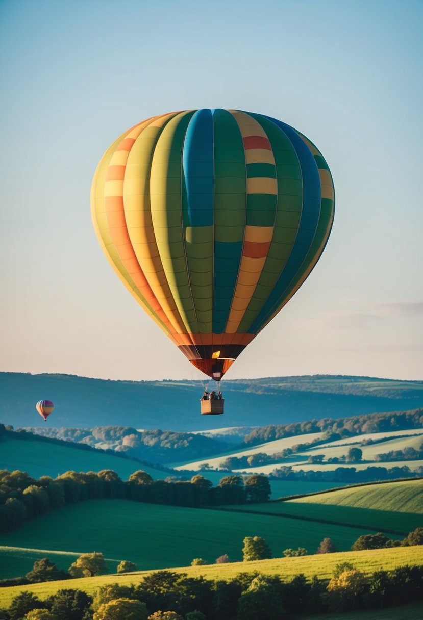 A colorful hot air balloon floats peacefully over a scenic landscape of rolling hills and lush greenery, with a clear blue sky above