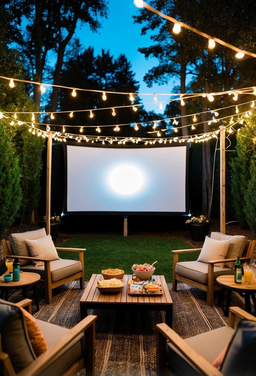 An outdoor movie screen surrounded by string lights and cozy seating, with a table filled with snacks and drinks for a 59th wedding anniversary celebration