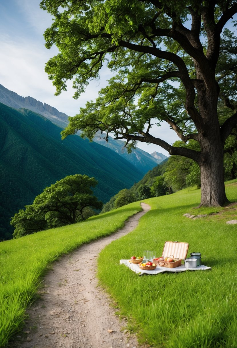 A winding trail through lush green mountains leads to a peaceful clearing with a picnic spread under a towering oak tree