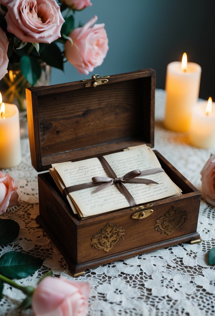 An ornate wooden box on a lace tablecloth, filled with aged love letters tied with ribbon, surrounded by blooming roses and flickering candles