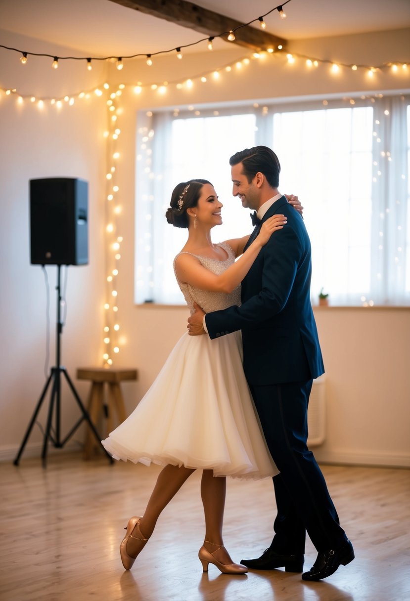 A couple gracefully waltzing in a cozy, dimly lit dance studio adorned with twinkling fairy lights and soft music playing in the background