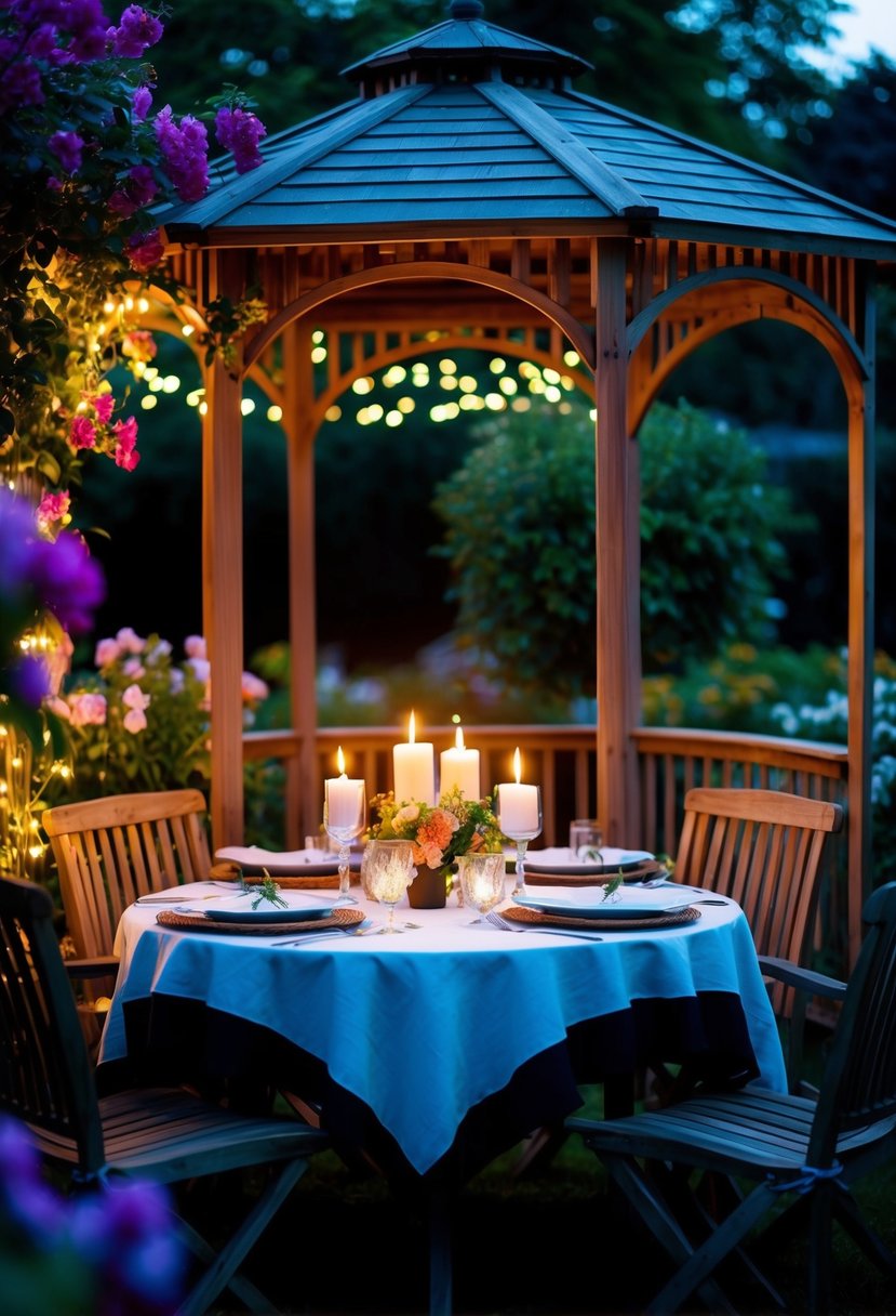 A cozy candlelit dinner for two in a garden gazebo, surrounded by blooming flowers and twinkling lights