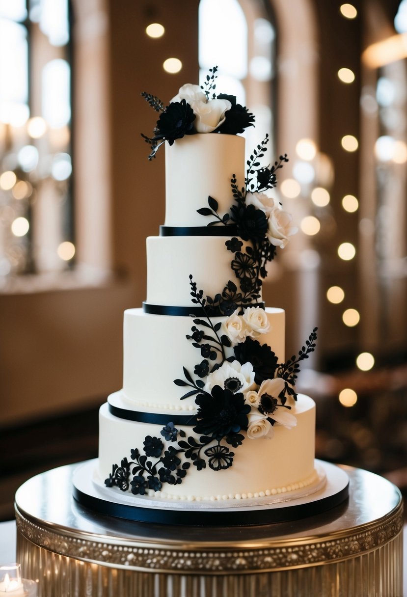 A tiered wedding cake adorned with intricate black and white floral designs