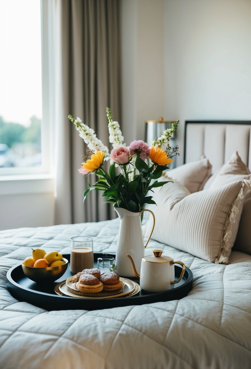 A tray with a flower vase, fruit, pastries, and a coffee pot on a bed with a plush comforter and pillows, with a soft morning light streaming through a window