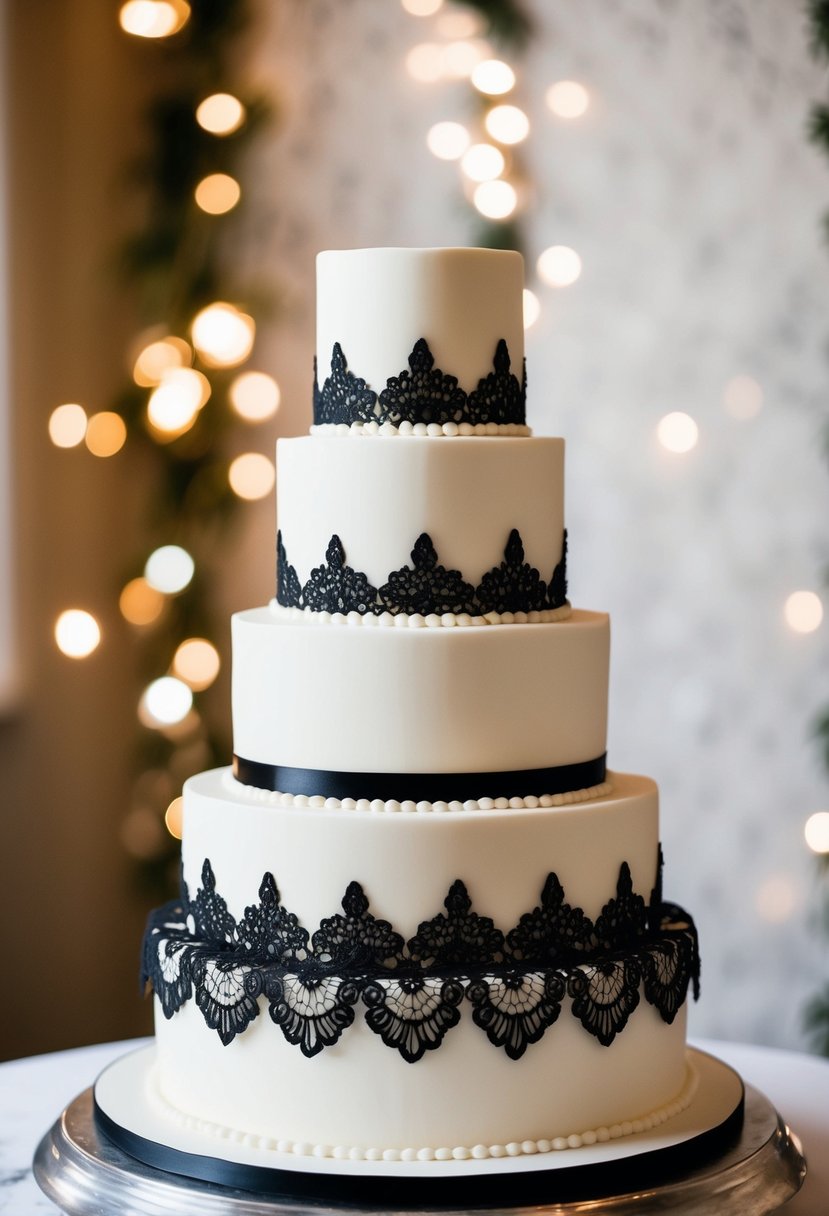 A classic white wedding cake adorned with delicate black lace detailing