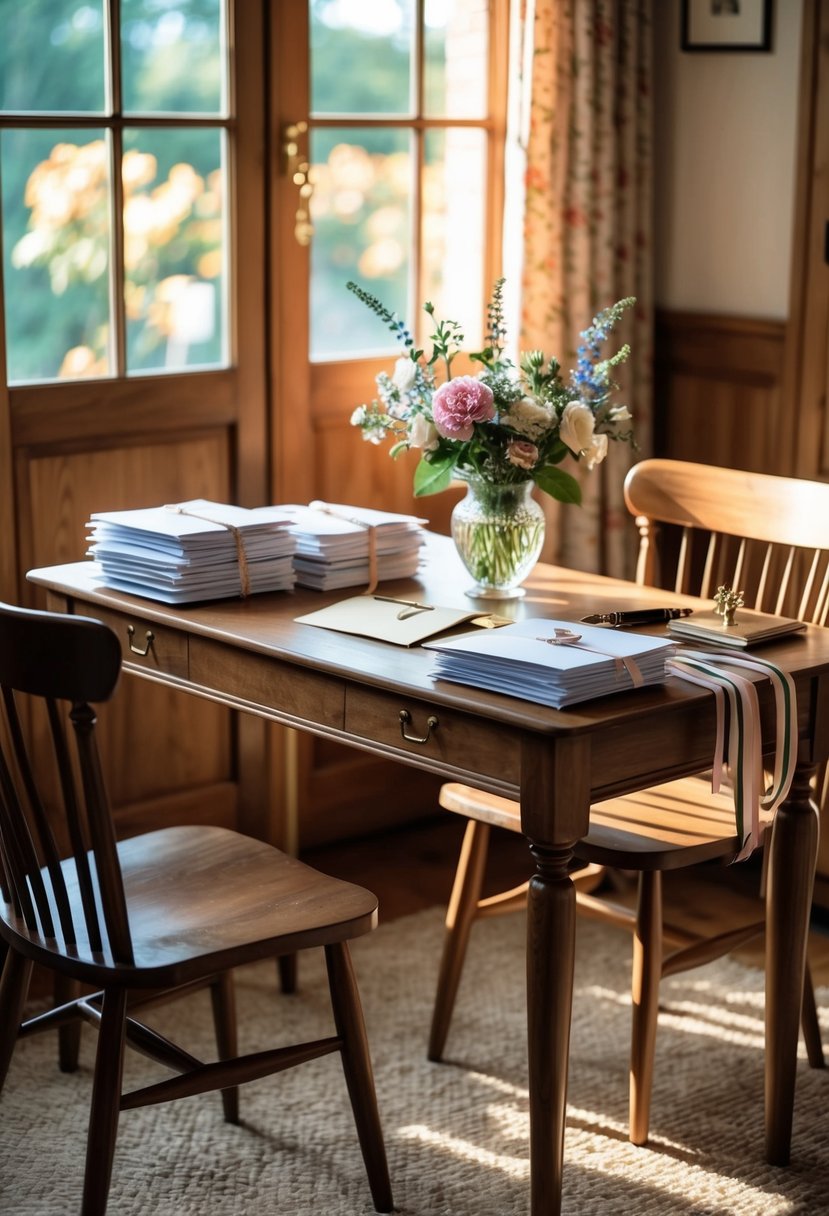 A cozy, sunlit room with a wooden desk and two chairs. On the desk, there are stacks of letters tied with ribbons, a vintage fountain pen, and a vase of fresh flowers