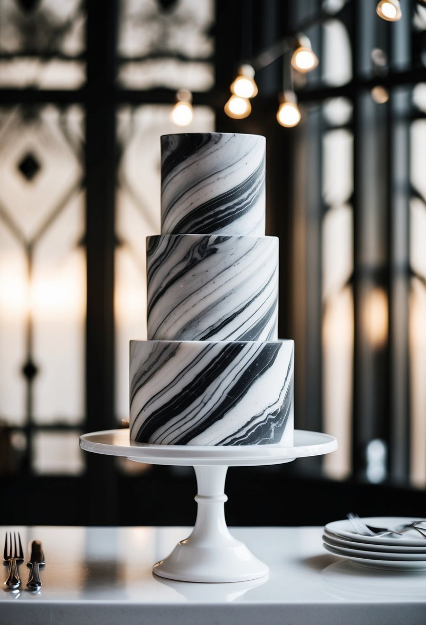 A monochrome marble cake stands on a tiered display, with black and white swirls and elegant geometric patterns