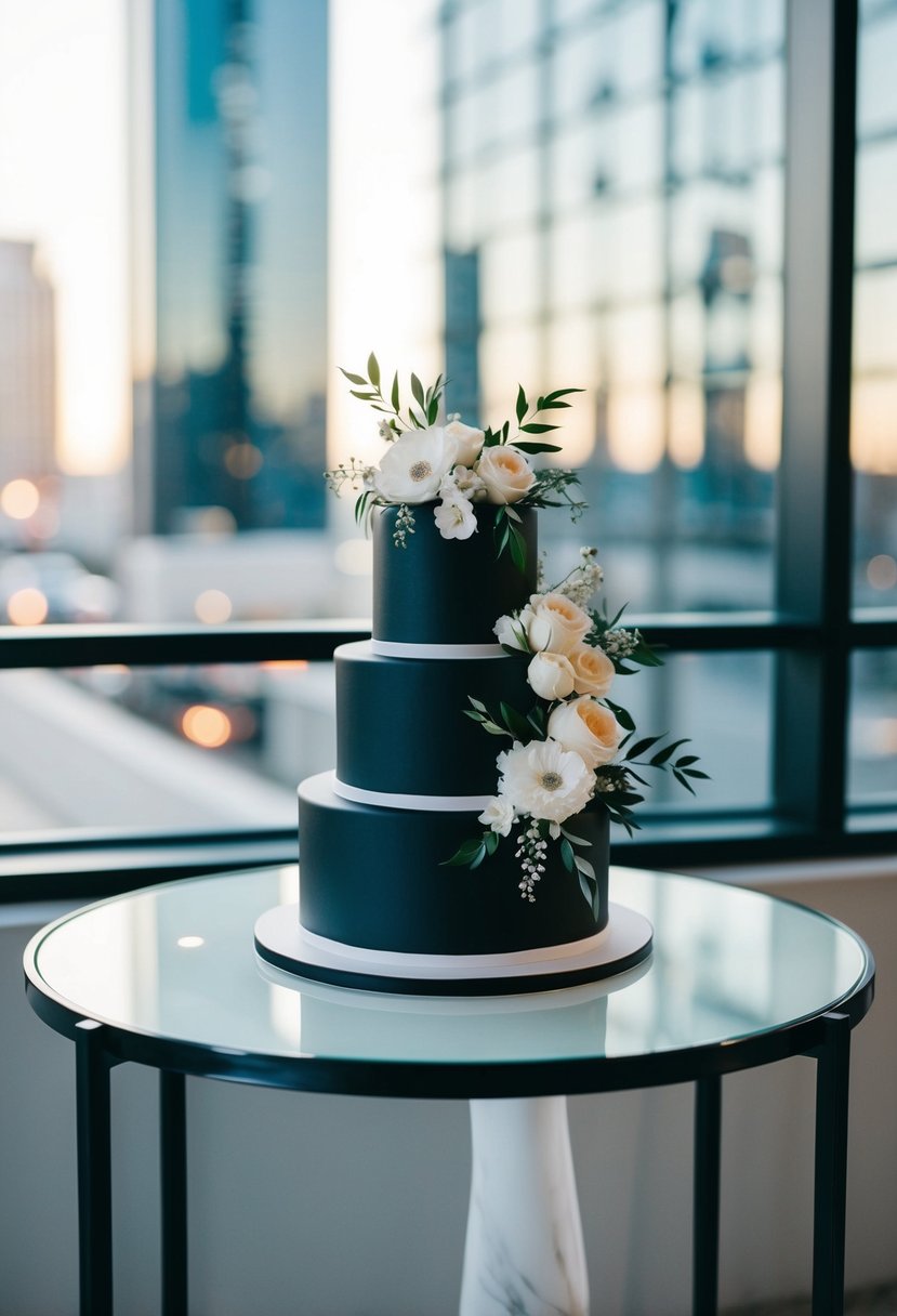 A black wedding cake adorned with white floral accents sits on a sleek table