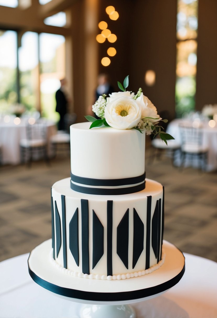 A white wedding cake adorned with bold black geometric patterns