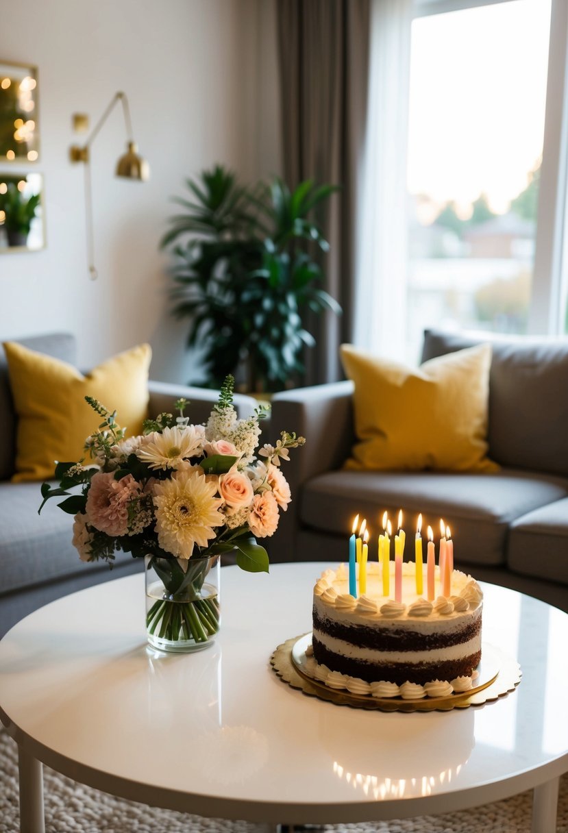 A cozy living room with a table set for two, adorned with a bouquet of flowers and a cake topped with 63 candles