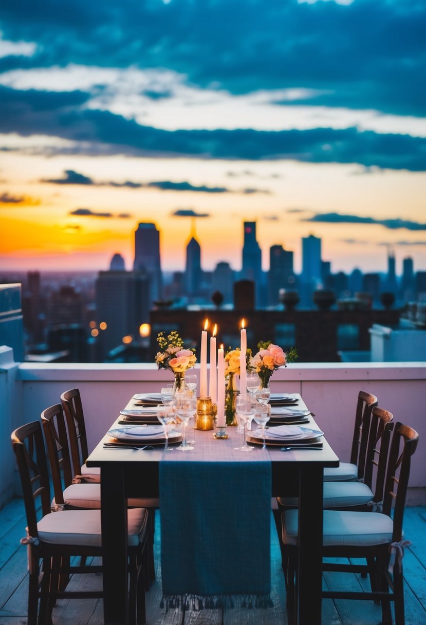 A table set with candles and flowers on a rooftop at sunset, overlooking a city skyline