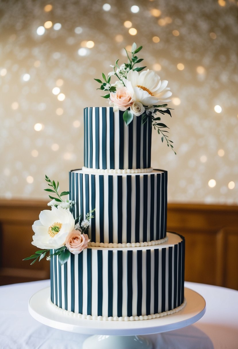 A three-tiered cake with alternating black and white vertical stripes, adorned with elegant floral accents