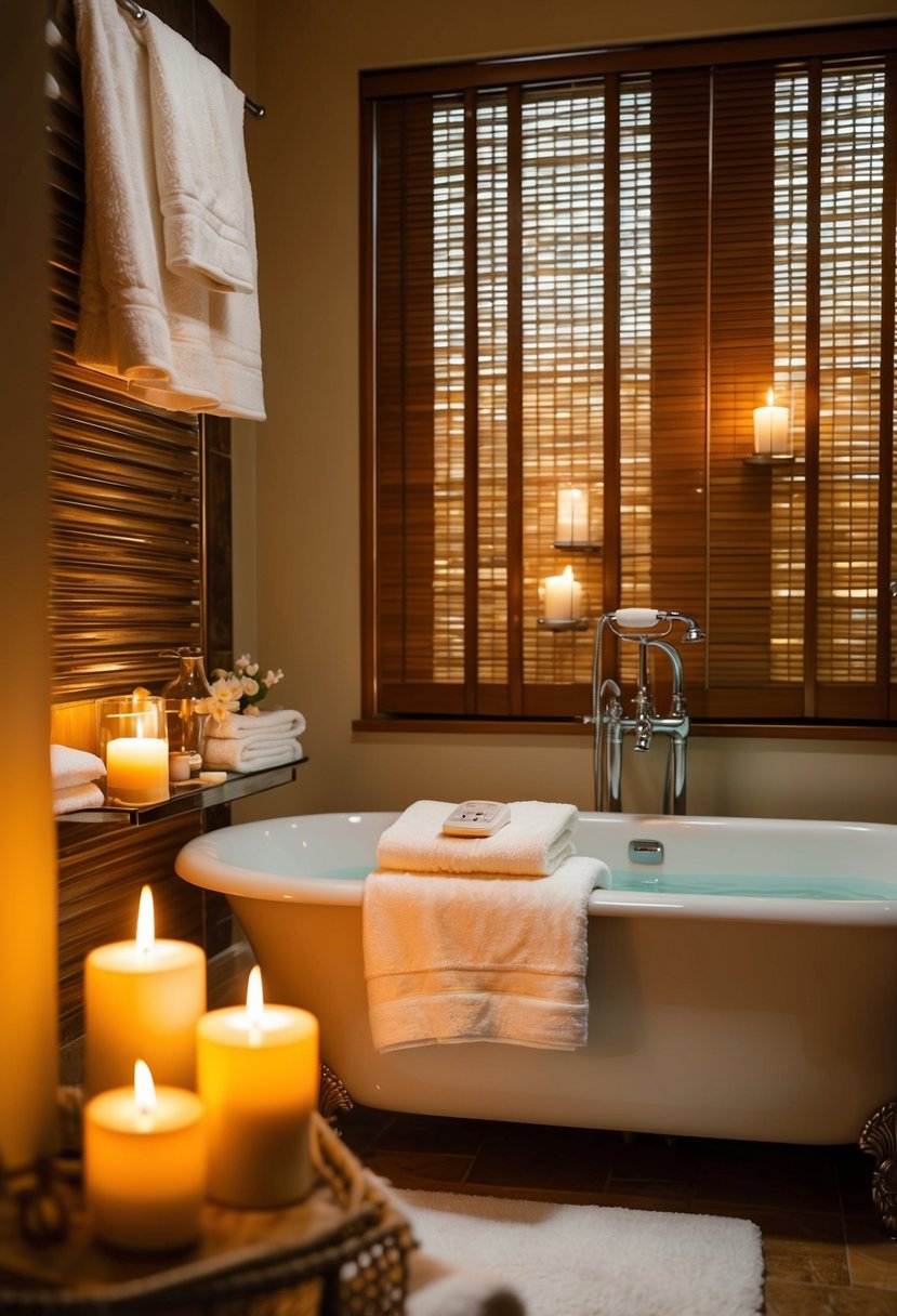 A warm, candlelit bathroom with a luxurious bath, fluffy towels, and soothing spa products