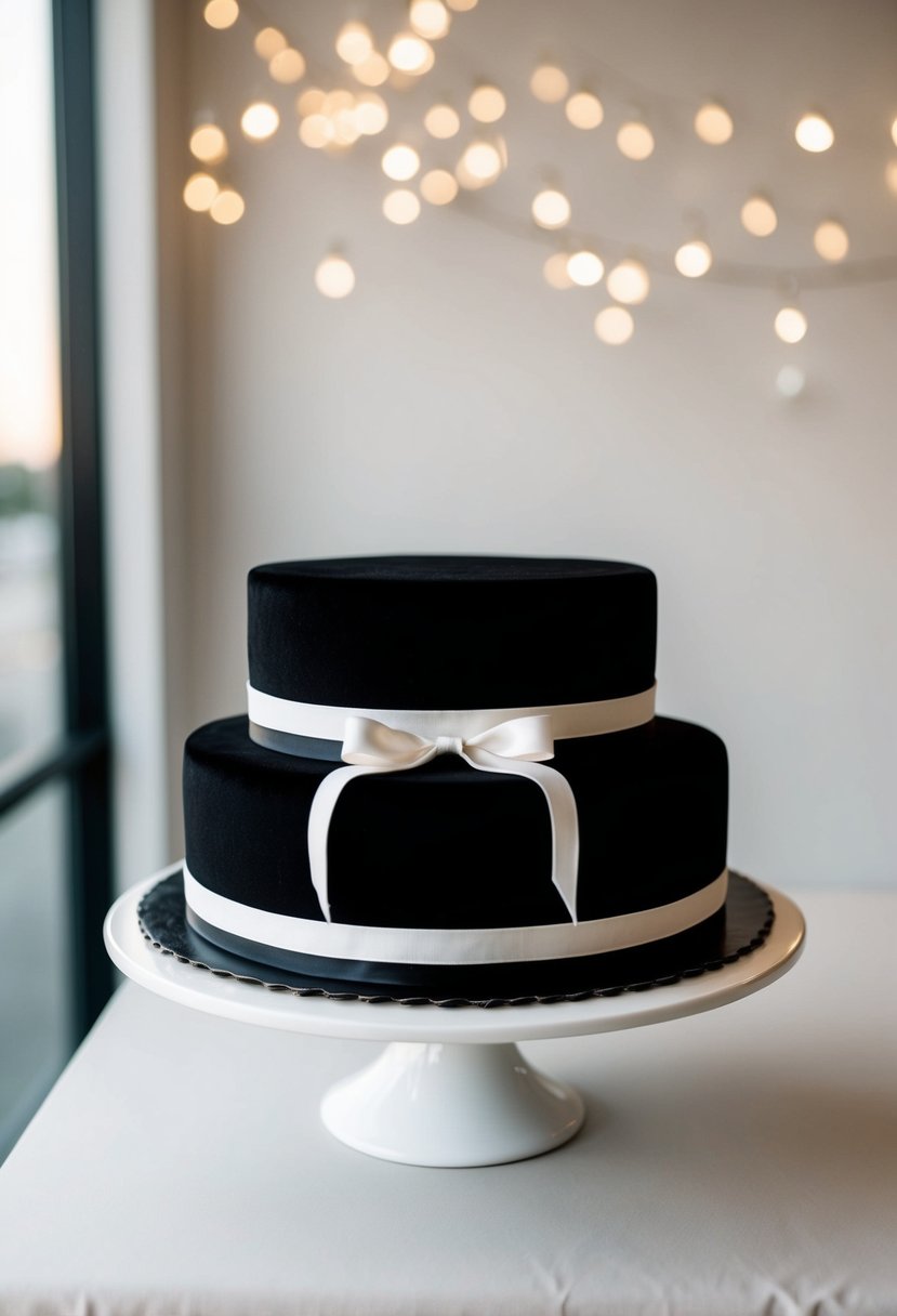 An elegant black velvet cake adorned with white ribbons, set against a clean and modern backdrop