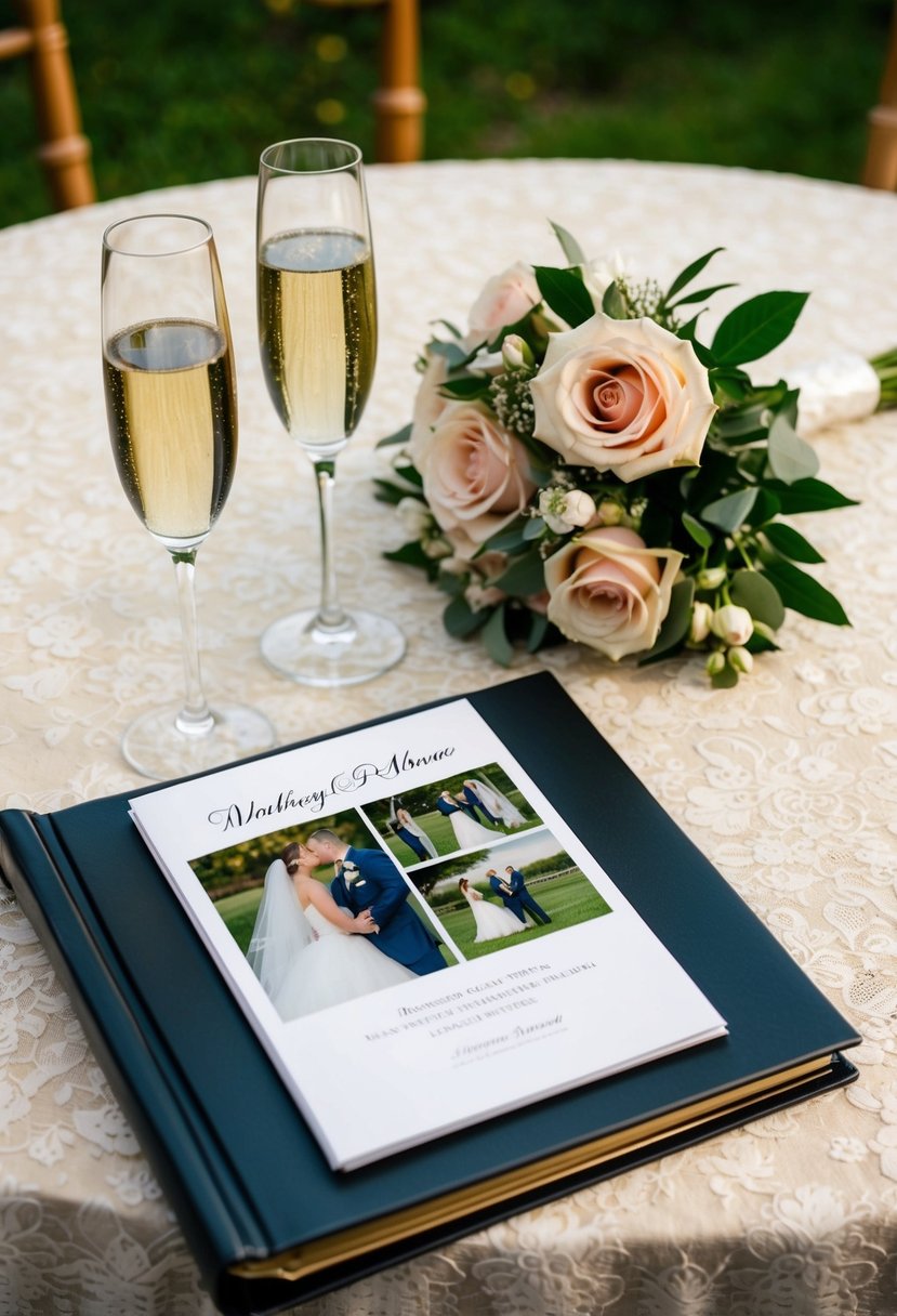 A table set with a lace tablecloth, two champagne flutes, a bouquet of roses, and a personalized photo album open to a page of wedding photos