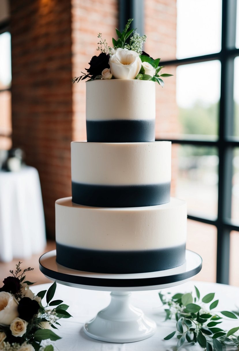 A two-tier white cake with a black ombre effect, adorned with elegant black and white wedding cake ideas