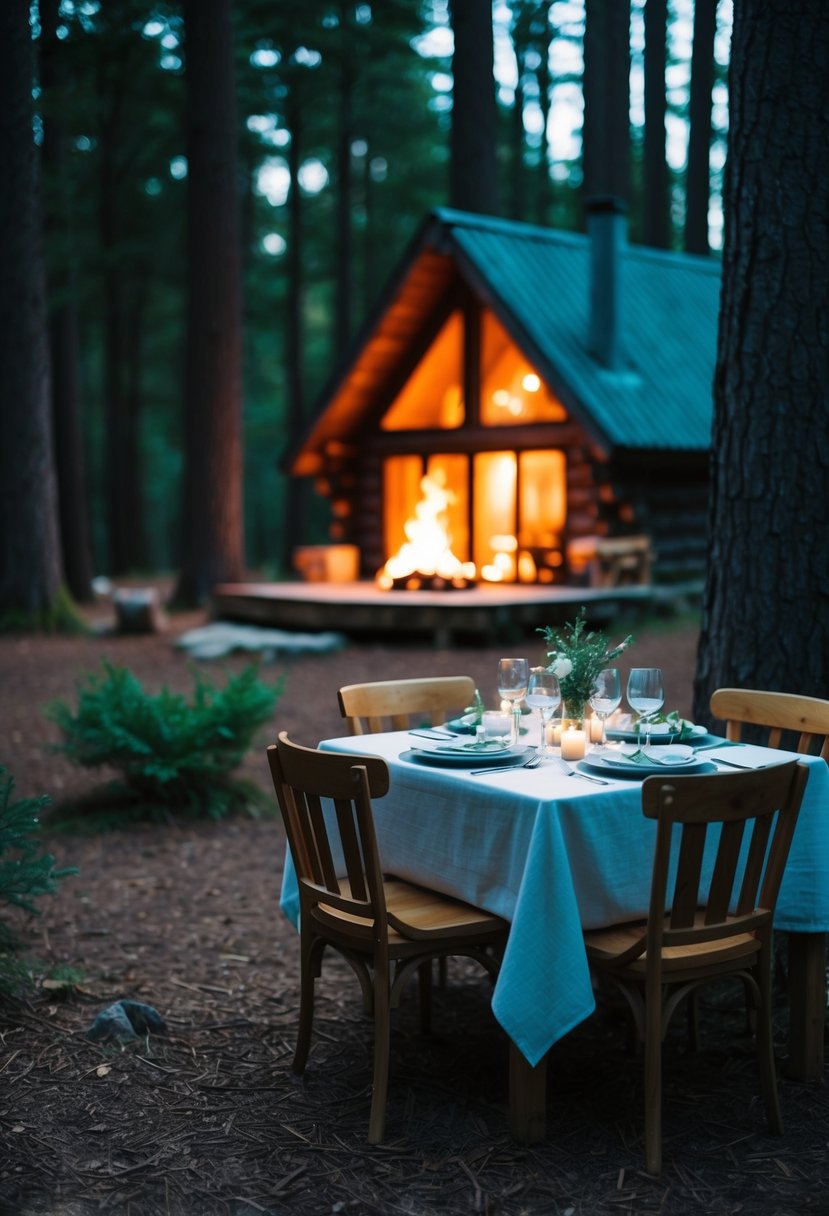 A cozy cabin nestled in a forest, with a crackling fire and a table set for a romantic dinner