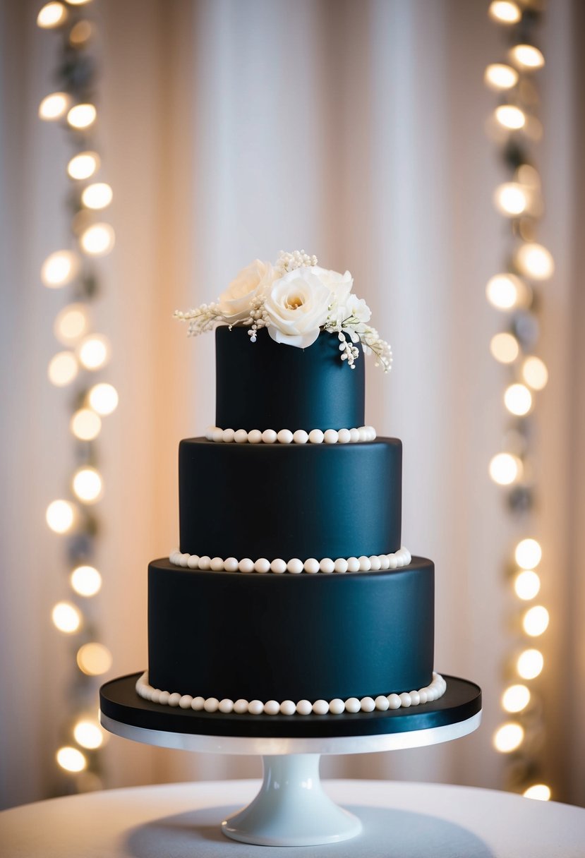 A chic black wedding cake adorned with white pearls