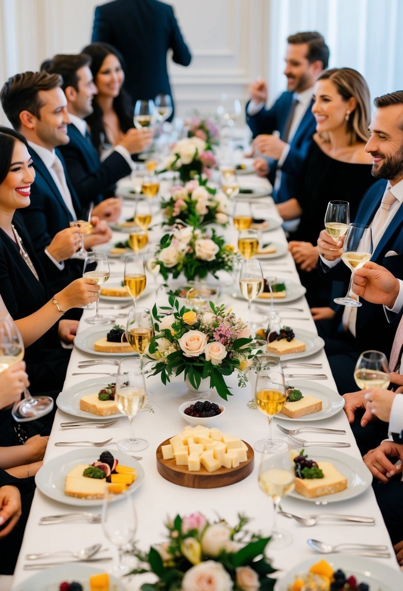 An elegant table set with wine glasses, cheese platters, and floral arrangements, surrounded by happy guests mingling and savoring the flavors